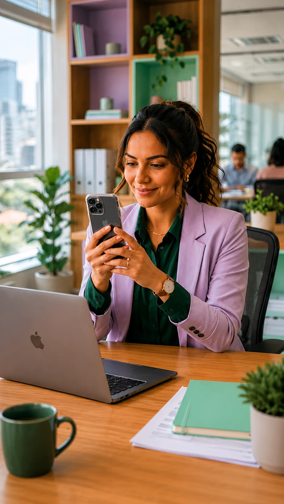 Colaboradora usando o app Lívia+ no ambiente de trabalho